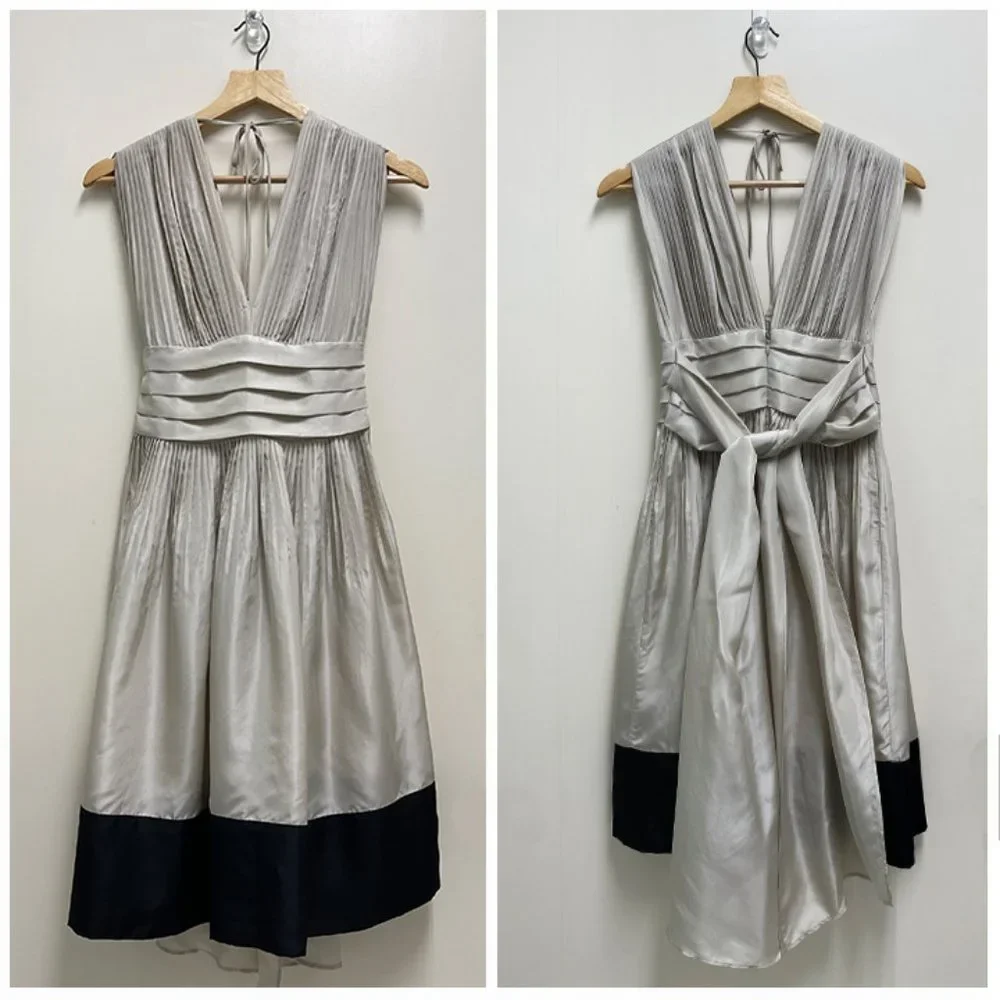 BCBGMaxAzria 100% Silk Color-block Pleated Fit & Flare Cocktail Dress - Picture 8 of 10